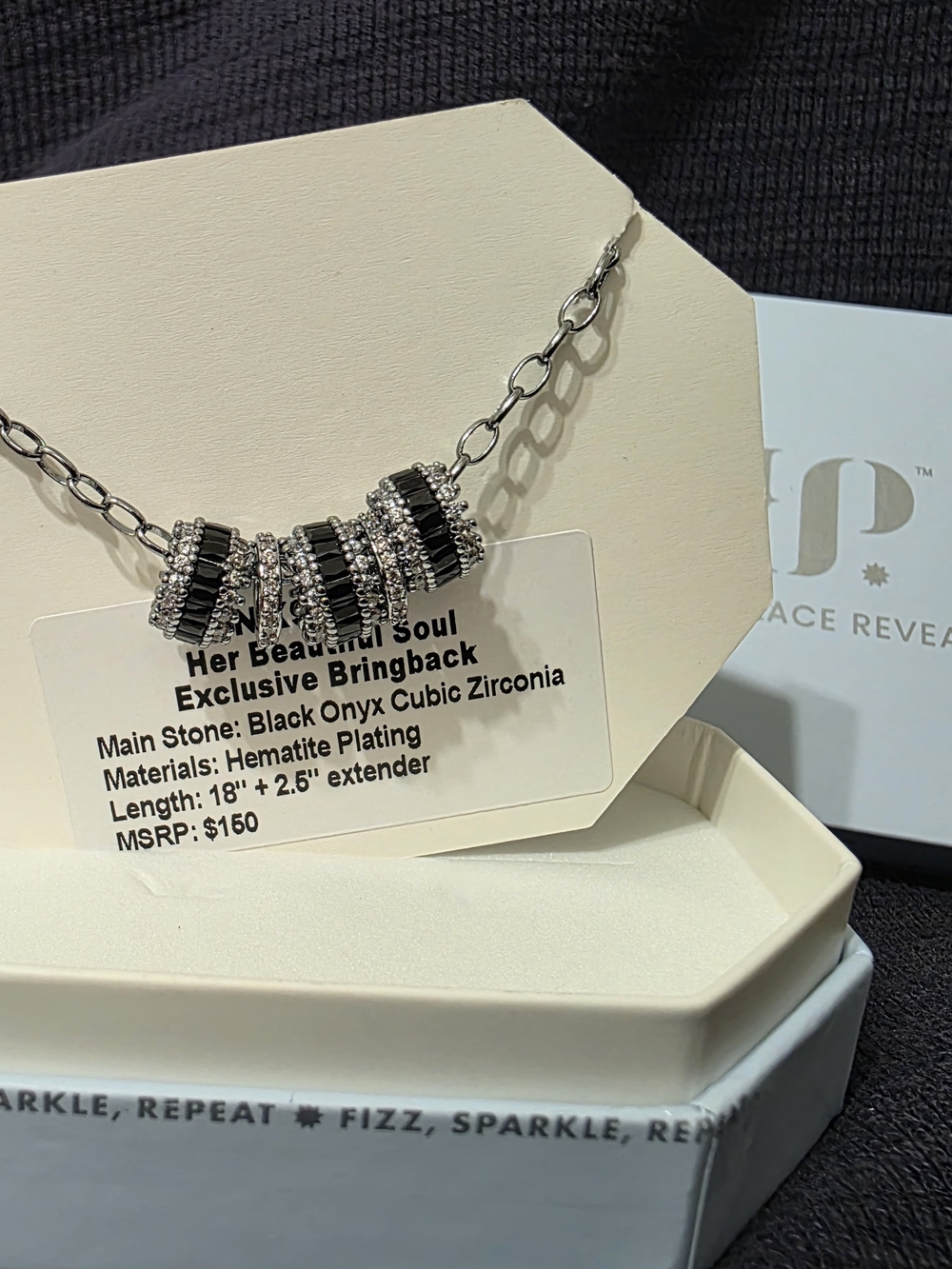 Black Onyx & Cubic Zirconia Hematite Plated Necklace